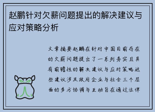 赵鹏针对欠薪问题提出的解决建议与应对策略分析