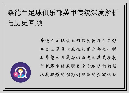 桑德兰足球俱乐部英甲传统深度解析与历史回顾
